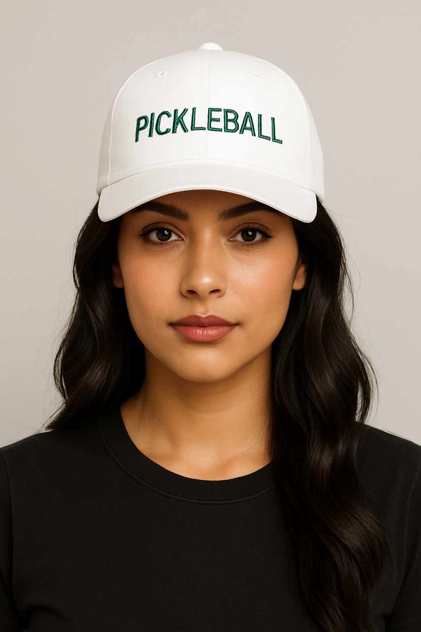Woman wearing a white cap with 'Pickleball' text on a plain background